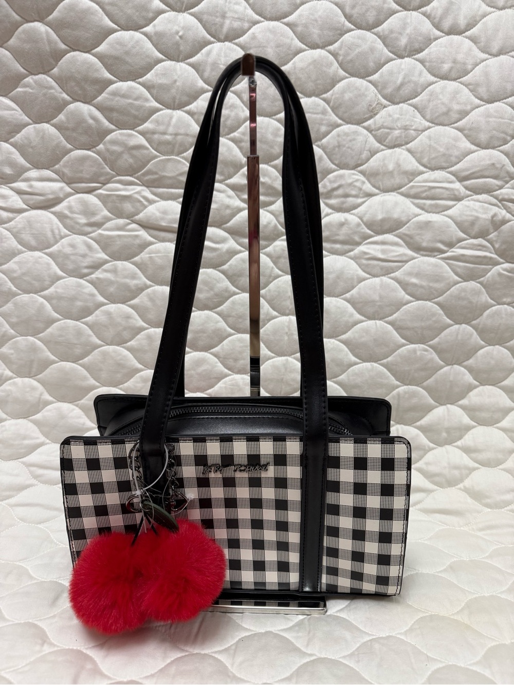 Betsey Johnson Black & White Gingham Tote with Red Pom Pom Charm
